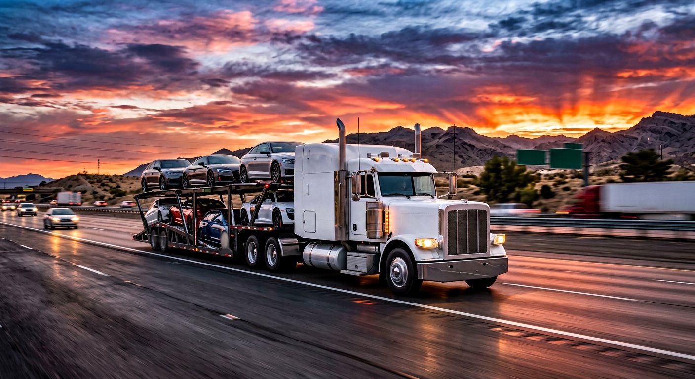 Safe Ride Auto Transport expedited carrier speeding on the interstate at sunset